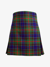 Plaid kilt with green, red, and blue pattern on a white background