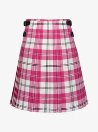 Pink and white plaid kilt with black buttons on a white background