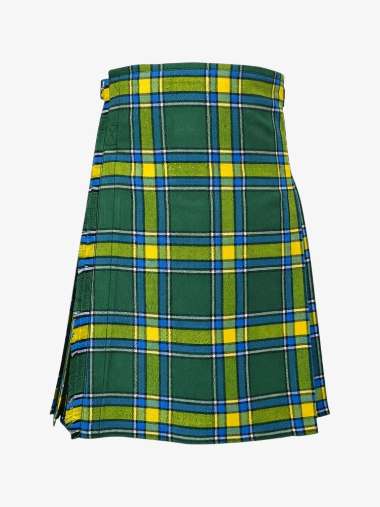 Green and yellow plaid kilt on a white background