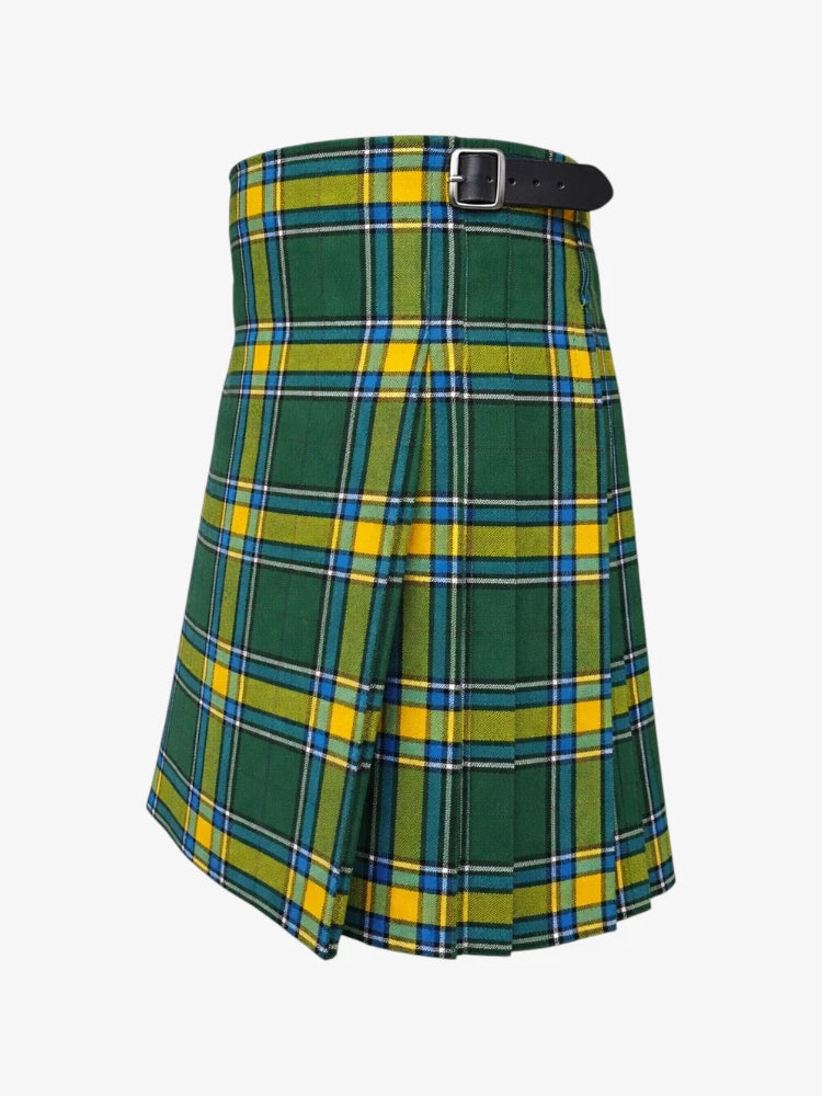 Green and yellow plaid kilt on a white background
