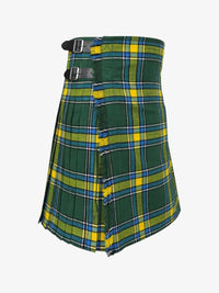 Green and yellow plaid kilt on a white background