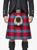 Person wearing a red and blue plaid kilt with a dark jacket and knee-high socks on a white background