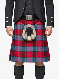 Person wearing a red and blue plaid kilt with a dark jacket and knee-high socks on a white background