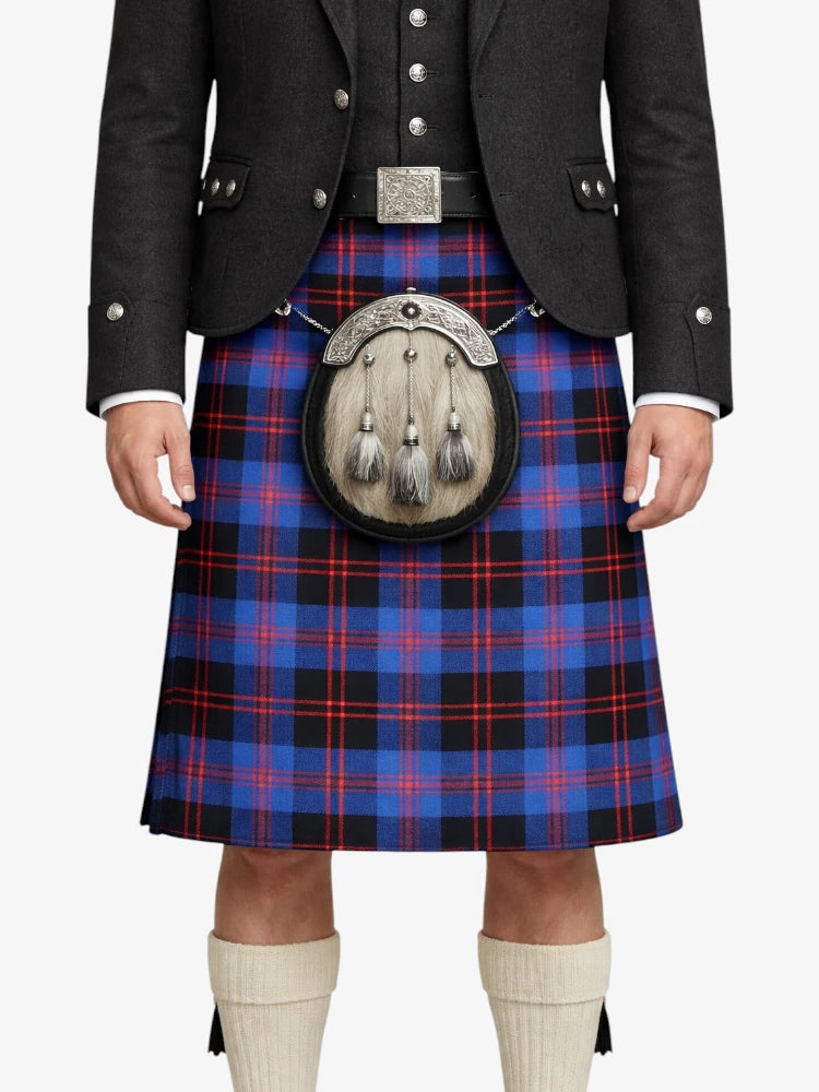 Person wearing a traditional Scottish kilt with a plaid pattern on a white background
