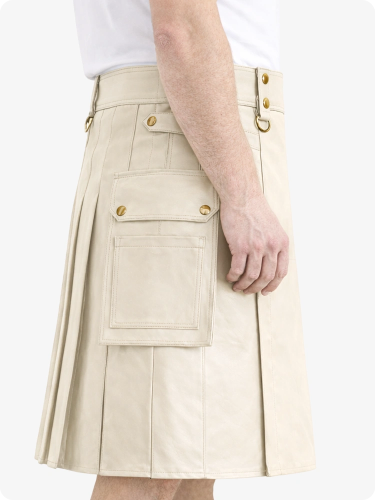 Biege Cream Genuine Leather Utility Kilt with Cargo Pockets & D-Rings