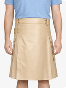 Biege Cream Genuine Leather Utility Kilt with Side Pockets