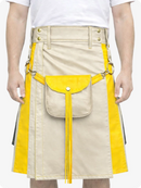 Person wearing a beige and yellow apron with a pocket and fringes on a white background