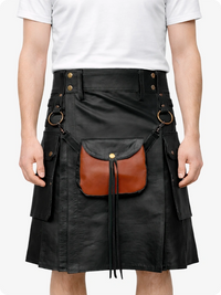 Person wearing a black leather kilt with a brown pouch on a white background