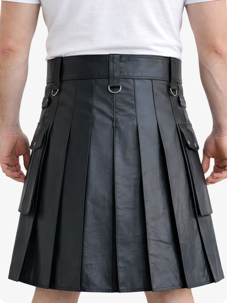 Black Genuine Leather Utility Kilt with Cargo Pockets & D-Rings