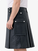 Black Genuine Leather Utility Kilt with Cargo Pockets & D-Rings
