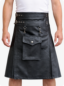 Black leather kilt with silver hardware on a white background