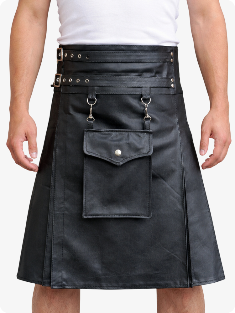 Black leather kilt with silver hardware on a white background