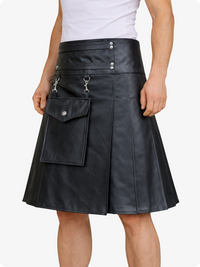 Black leather skirt with silver buttons and pockets on a white background