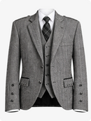Gray herringbone suit with vest and tie on a white background