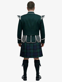 Person wearing a dark green jacket and a black watch tartan plaid kilt on a white background