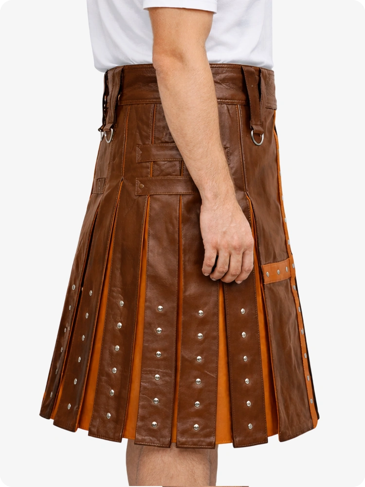 Brown Leather Utility Kilt with Brown Cross Panel & Metal Rivet Detailing