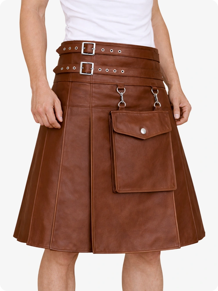 Brown Leather Utility Kilt with Front Pocket & Adjustable Buckle Straps