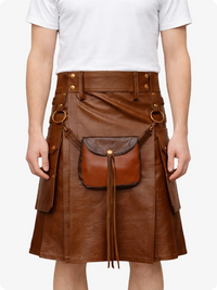 Brown leather Kilt with a front pocket and gold buttons on a white background