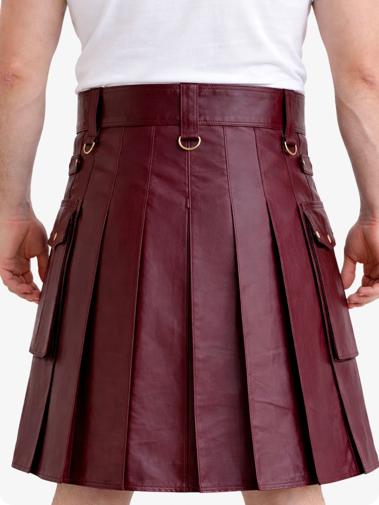 Burgundy Genuine Leather Utility Kilt with Cargo Pockets & D-Rings