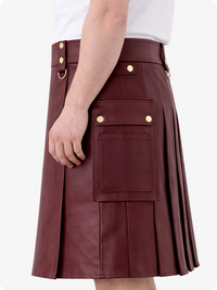 Burgundy Genuine Leather Utility Kilt with Cargo Pockets & D-Rings