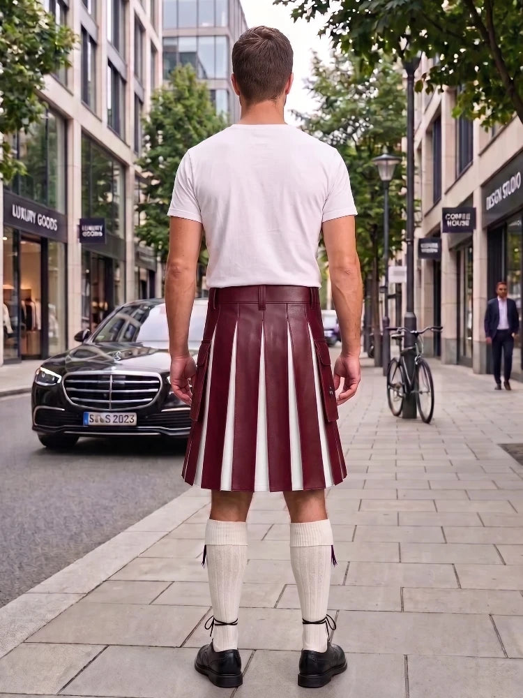 Burgundy With White Cowhide Leather Hybrid Utility Kilt