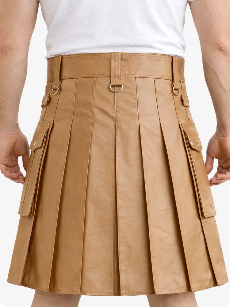 Camel Genuine Leather Utility Kilt with Cargo Pockets & D-Rings