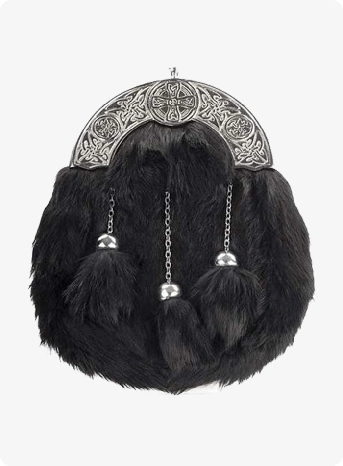 Handmade Celtic Cross Black Rabbit Fur Sporran