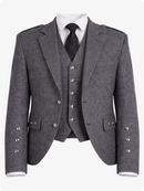 Gray tweed suit with jacket, waistcoat, and tie on a white background