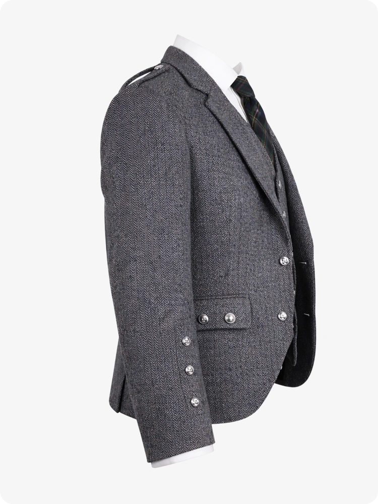 Charcoal blazer with button details on a white background