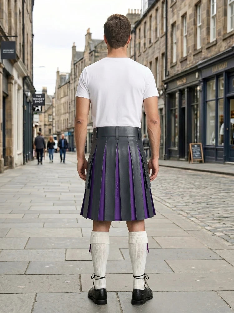 Charcoal Leather Kilt With Purple Pleats