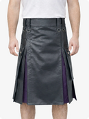 Person wearing a Charcoal kilt with purple accents on a white background