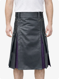 Person wearing a Charcoal kilt with purple accents on a white background