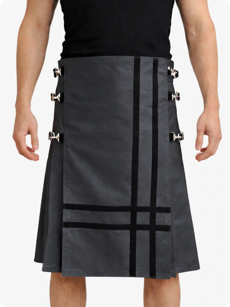 Person wearing a Charcoal kilt with decorative elements on a white background