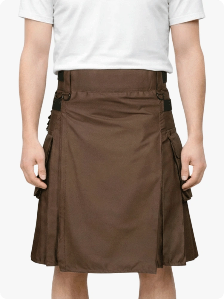 Brown kilt worn by a person on a white background
