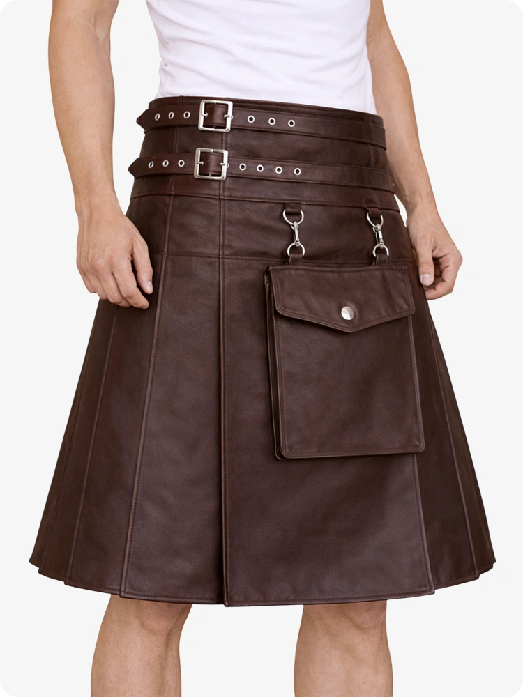 Chocolate Brown Leather Utility Kilt with Front Pocket & Adjustable Buckle Straps