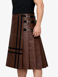 Brown leather skirt with black plaid pattern and silver buckles on a white background