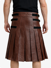 Brown pleated skirt with black straps on a white background