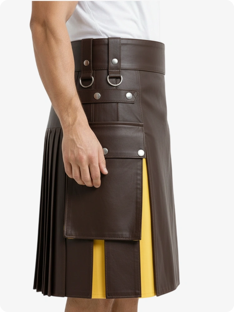 Chocolate Brown & Yellow Leather Utility Kilt with Cargo Pockets