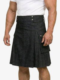 Person wearing a black denim kilt on a white background