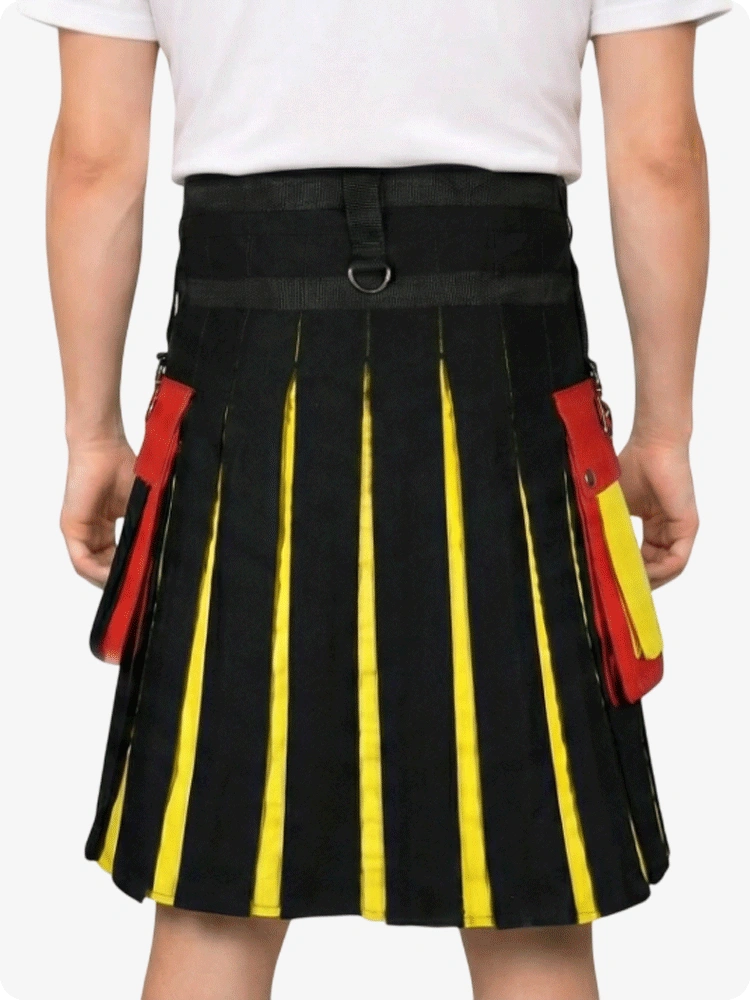 Black kilt with yellow and red accents worn by a person on a white background