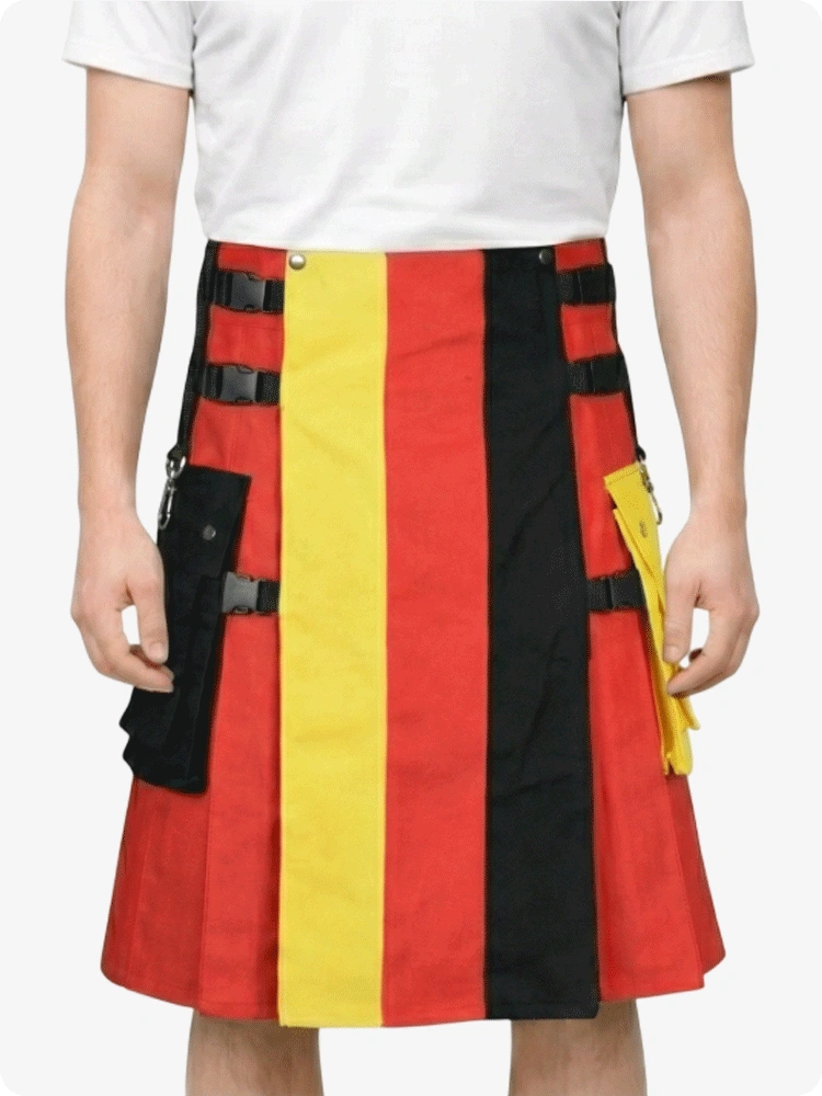 Person wearing a red, yellow, and black striped kilt on a white background