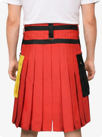 Red pleated skirt with black belt and yellow and black pouches on a white background