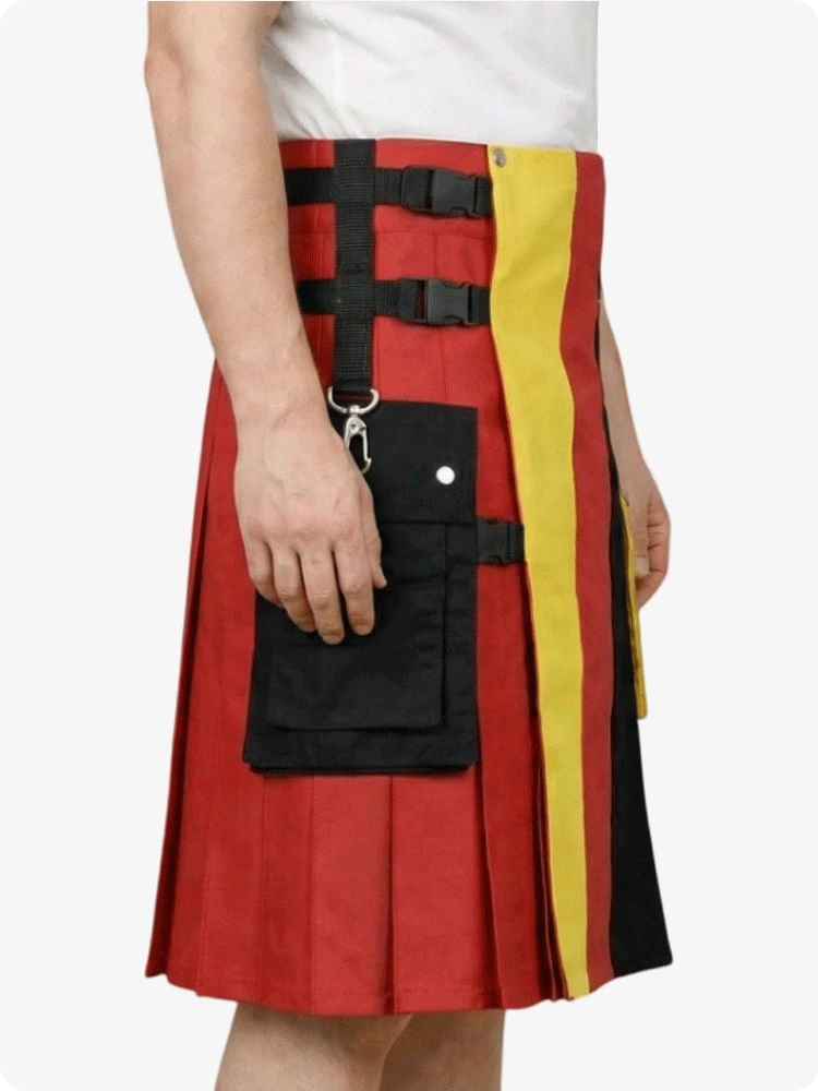 Red kilt with black and yellow accents worn by a person on a white background