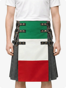 Person wearing a colorful kilt with green, white, and red sections on a white background
