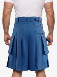 Person wearing a blue kilt with a white background