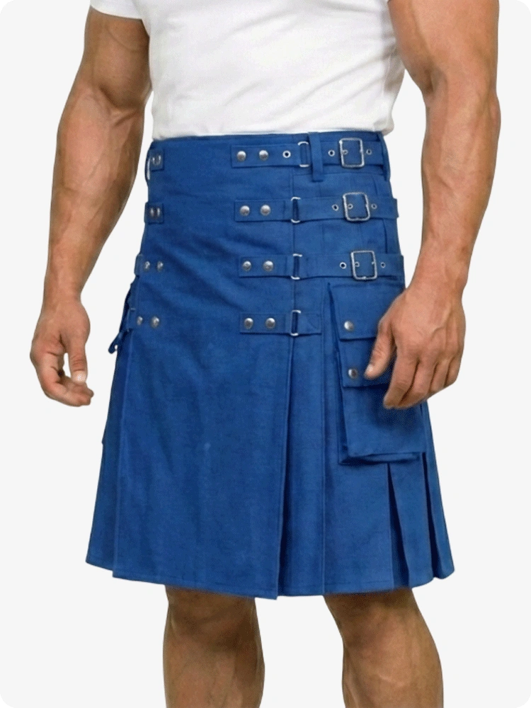 Blue kilt worn by a person on a white background