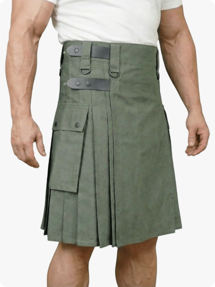 Person wearing a green kilt with a white background