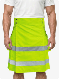 Person wearing a bright yellow safety skirt with reflective stripes on a white background