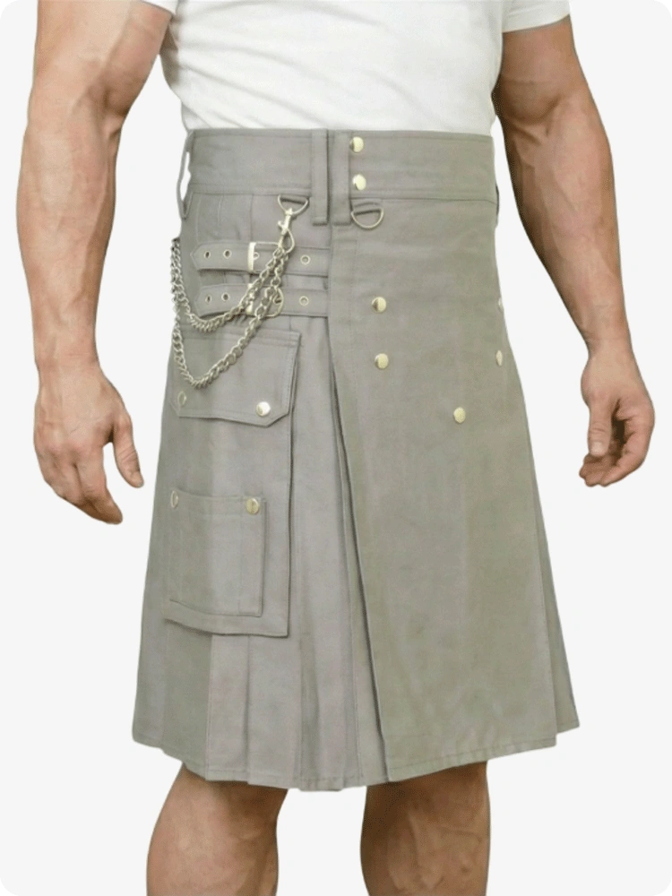 Gray kilt with gold buttons and chain on a white background
