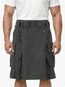 Gray kilt with button details worn by a person on a white background